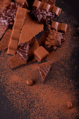 chocolate pieces and cocoa powder on wooden background