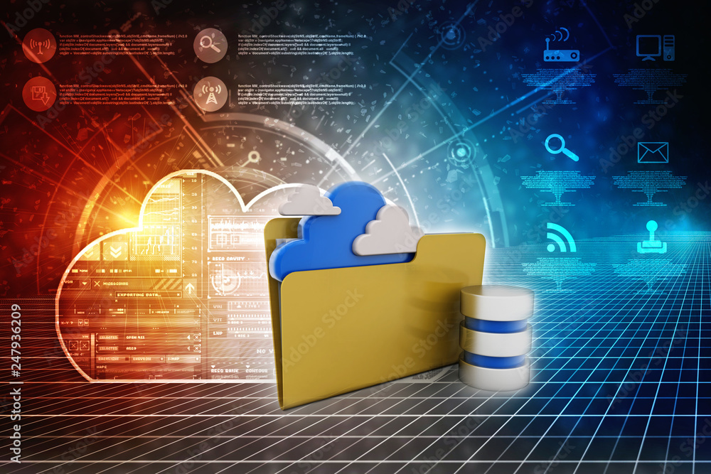 Poster 3d rendering cloud folder with database