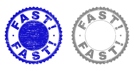 Grunge FAST! stamp seals isolated on a white background. Rosette seals with grunge texture in blue and grey colors. Vector rubber stamp imitation of FAST! caption inside round rosette.