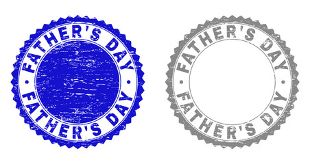 Grunge FATHER'S DAY stamp seals isolated on a white background. Rosette seals with grunge texture in blue and grey colors. Vector rubber stamp imprint of FATHER'S DAY text inside round rosette.