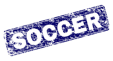 SOCCER stamp seal print with grunge texture. Seal shape is a rounded rectangle with frame. Blue vector rubber print of SOCCER label with unclean style.