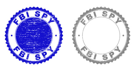 Grunge FBI SPY stamp seals isolated on a white background. Rosette seals with grunge texture in blue and gray colors. Vector rubber overlay of FBI SPY tag inside round rosette.