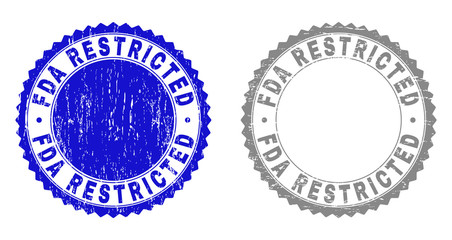 Grunge FDA RESTRICTED stamp seals isolated on a white background. Rosette seals with distress texture in blue and grey colors.