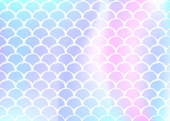 Holographic mermaid background with gradient scales. Bright color transitions. Fish tail banner and invitation. Underwater and sea pattern for girlie party. Hipster back with holographic mermaid.