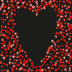 Fototapeta na wymiar Valentines day heart with red glitter sparkles. February 14th day. Vector confetti for valentines day heart template. Grunge hand drawn texture. Love theme for gift coupons, vouchers, ads, events.