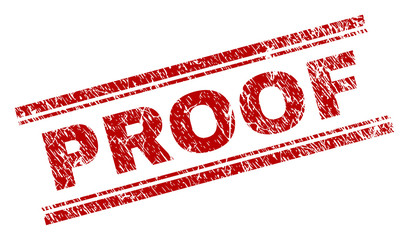 PROOF seal print with corroded effect. Red vector rubber print of PROOF text with dust texture. Text caption is placed between double parallel lines.