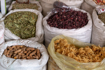 CUZCO, PERU - December 15, 2018: A dried fruit stall in Mercado San Pedro market