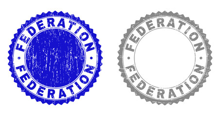 Grunge FEDERATION stamp seals isolated on a white background. Rosette seals with grunge texture in blue and grey colors. Vector rubber watermark of FEDERATION caption inside round rosette.
