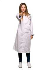 Full body Young doctor woman shaking hands for closing a good deal on isolated background