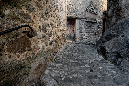 Medieval street in the town of Eus, in the list of Les plus beaux villages in France