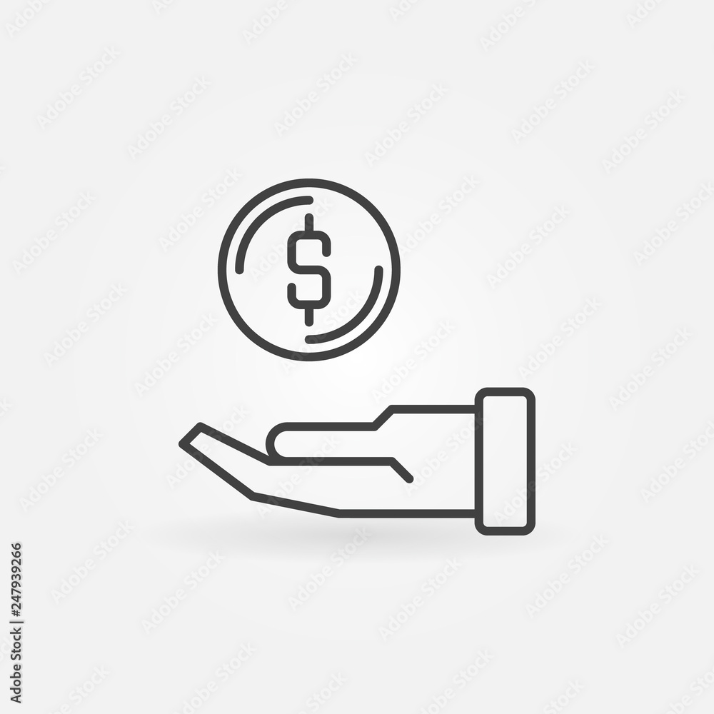 Poster hand with coin vector donation concept icon or design element in thin line style