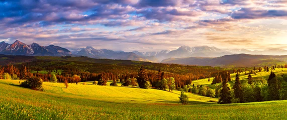 Fotobehang Tatra Tatra gebergte panorama. Prachtige vallei en bewolkte lucht