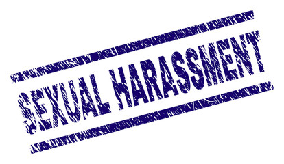 SEXUAL HARASSMENT seal watermark with grunge style. Blue vector rubber print of SEXUAL HARASSMENT title with grunge texture. Text title is placed between parallel lines.