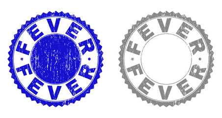 Grunge FEVER stamp seals isolated on a white background. Rosette seals with grunge texture in blue and grey colors. Vector rubber stamp imitation of FEVER tag inside round rosette.
