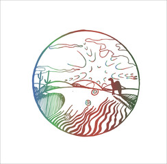 Color neon illustration of a camel on a sand dune. Tattoo idea