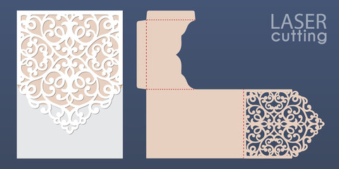 Laser cut wedding invitation card template vector. Pocket envelope with abstract ornament. Open card. Suitable for greeting cards, invitations, menus.