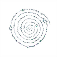Color neon illustration of the cosmic spiral of the galaxy and the planets in it is symbolic.