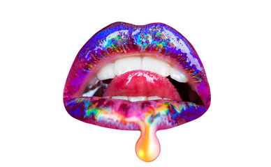 Sweet lips and tongue. Honey drop on woman lips. Sweet kiss icon. Women mouth in different colors. Bright cosmetics concept. Seductive girl. The lips isolated on a white background. White teeth. - 247940866
