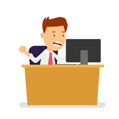 Angry Businessman at workplace watching laptop, Flat style Vector Illustration