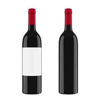 Black glass bottle for red wine isolated on white background. 3d rendering, 3d illustration