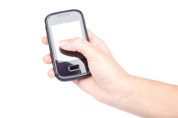 Mobile phone in hand isolated on white background