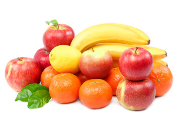 Fresh banana, tangerines, lemon, apples on white background
