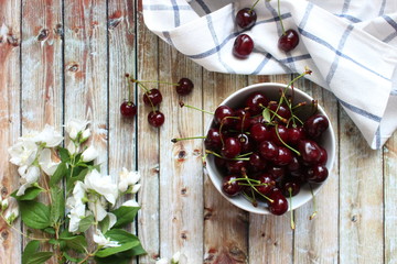 ripe cherry. summer. berry. rustic. flat lay concept.