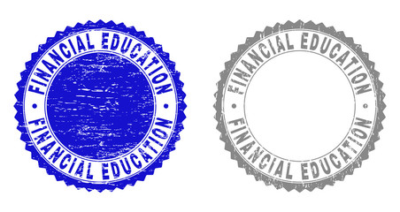 Grunge FINANCIAL EDUCATION stamps isolated on a white background. Rosette seals with grunge texture in blue and grey colors.