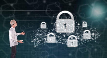 Fototapeta premium A network security concept explained by a businessman on a wall screen