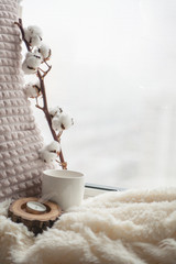 Warm and cozy window seat with cushions and blanket and cup, still life from home interior, the concept of home comfort 