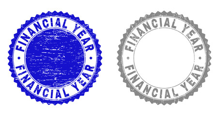 Grunge FINANCIAL YEAR stamp seals isolated on a white background. Rosette seals with grunge texture in blue and grey colors. Vector rubber overlay of FINANCIAL YEAR title inside round rosette.