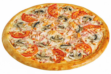 Delicious pizza served on wooden plate isolated on white