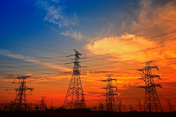Electric tower, silhouette at sunset