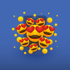 Obraz na płótnie Canvas Various Smiling Happy Yellow Emoticons with Heart Shaped Eyes in Front of a Smartphone Screen, Vector Concept Illustration 