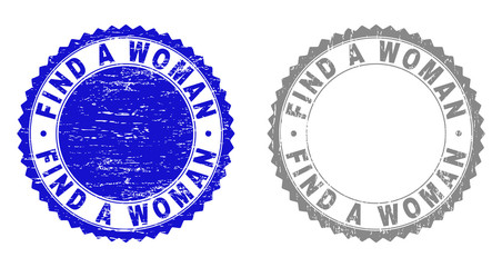 Grunge FIND A WOMAN stamp seals isolated on a white background. Rosette seals with grunge texture in blue and gray colors. Vector rubber watermark of FIND A WOMAN label inside round rosette.