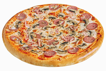 Delicious pizza served on wooden plate isolated on white