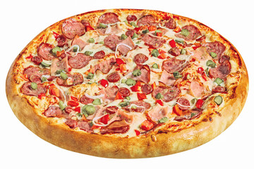 Delicious pizza served on wooden plate isolated on white