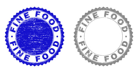 Grunge FINE FOOD stamp seals isolated on a white background. Rosette seals with distress texture in blue and grey colors. Vector rubber stamp imprint of FINE FOOD label inside round rosette.