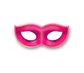 Mardi Gras mask pink color with gold glittering effect. Authentic Venetian painted Carnival Face Mask. Masquerade realistic party decoration on white background.