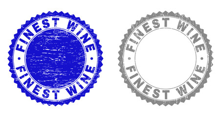 Obraz premium Grunge FINEST WINE stamp seals isolated on a white background. Rosette seals with distress texture in blue and grey colors. Vector rubber stamp imprint of FINEST WINE label inside round rosette.