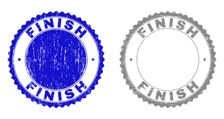 Grunge FINISH stamp seals isolated on a white background. Rosette seals with grunge texture in blue and gray colors. Vector rubber stamp imprint of FINISH title inside round rosette.