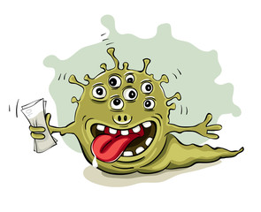 Financial horror. Vector illustration, Funny multocular monster with a bundle of money.