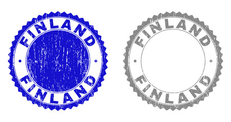 Grunge FINLAND stamp seals isolated on a white background. Rosette seals with distress texture in blue and grey colors. Vector rubber stamp imitation of FINLAND label inside round rosette.