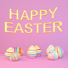 3d render - eight colorfu Easter eggs on pink background - balloons - happy easter
