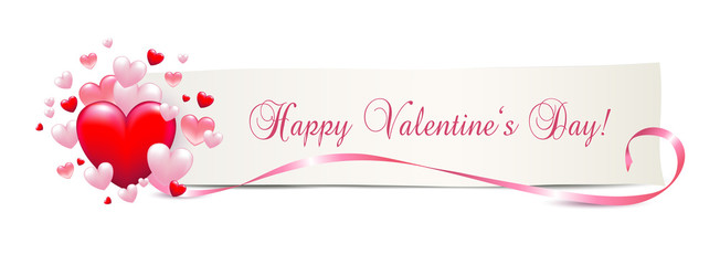 Banner mit Herzen zum Valentinstag, Karte mit Grüße zum Valentinstag in englisch, Vektor Illustration isoliert auf weißem Hintergrund