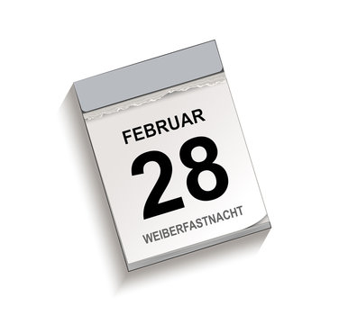 Kalender, Abreißkalender mit Datum 28 Februar, Kalenderblatt zum Weiberfastnacht, Vektor Illustration isoliert auf weißem Hintergrund