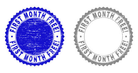Grunge FIRST MONTH FREE! stamp seals isolated on a white background. Rosette seals with grunge texture in blue and gray colors.