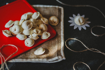 ravioli or pelmeni on the eco background
