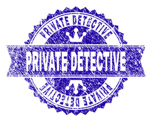 PRIVATE DETECTIVE rosette stamp watermark with grunge effect. Designed with round rosette, ribbon and small crowns. Blue vector rubber watermark of PRIVATE DETECTIVE text with dust texture.