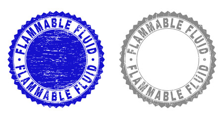Grunge FLAMMABLE FLUID stamp seals isolated on a white background. Rosette seals with grunge texture in blue and gray colors.